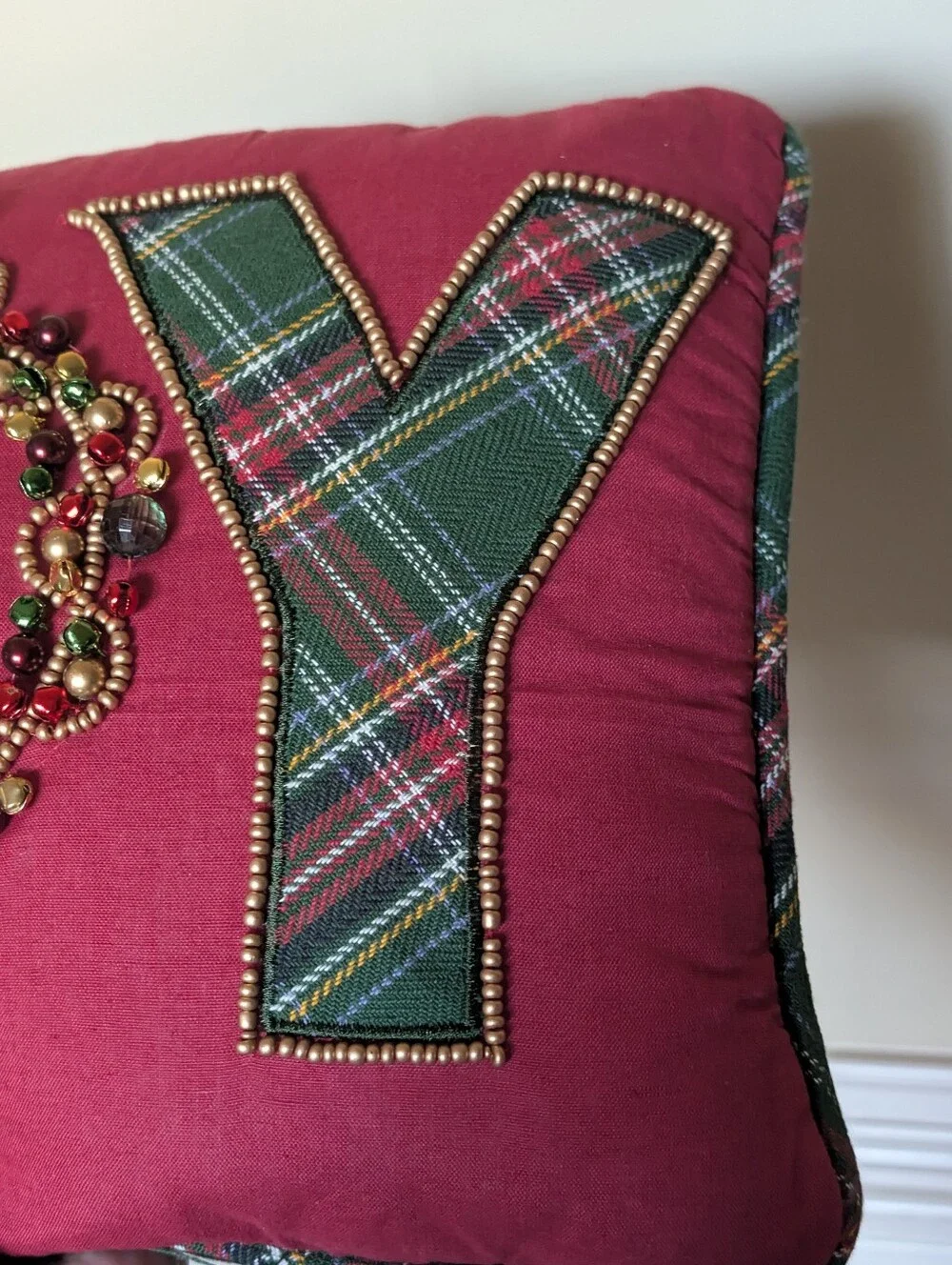 Vintage Pier 1 Beaded, Jingle Bells Tarten Plaid JOY Pillow Christmas Holiday